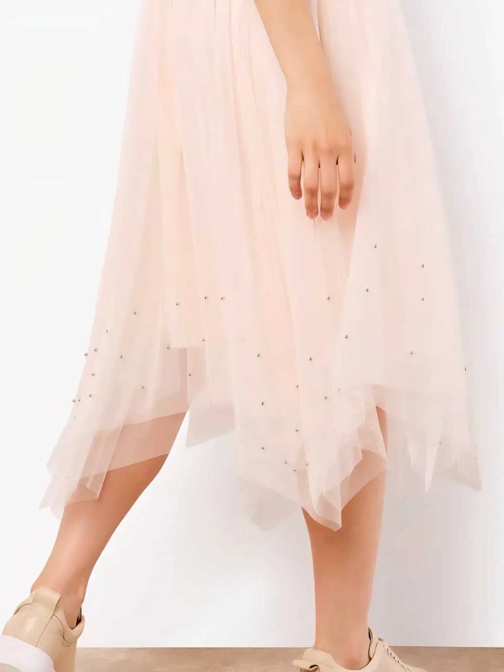 Apricot Pearl Embellished Tulle Midi Skirt - Picture 3 of 8